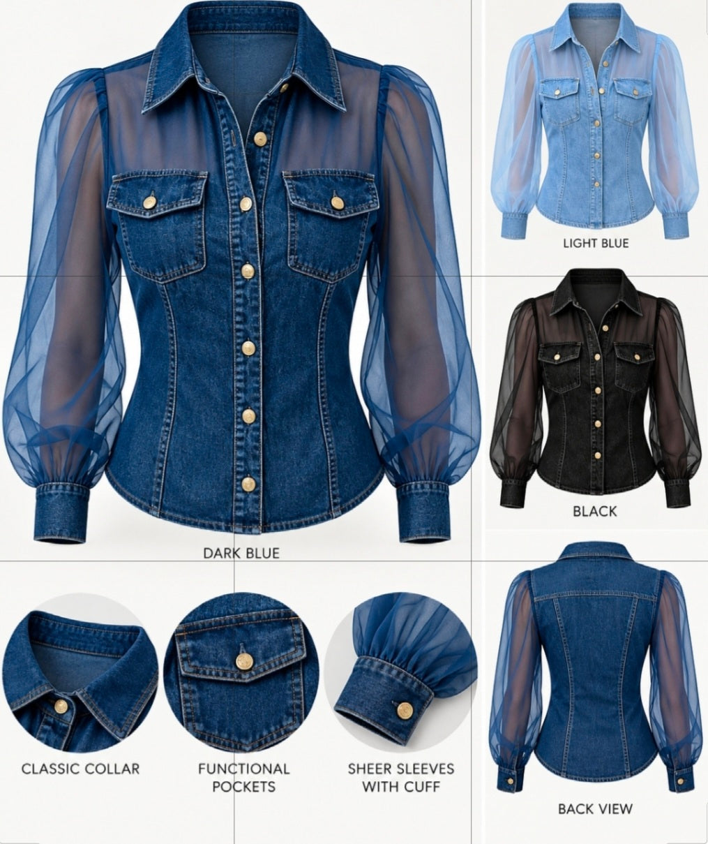 Denim Luxe Sheer-Sleeve Blouse