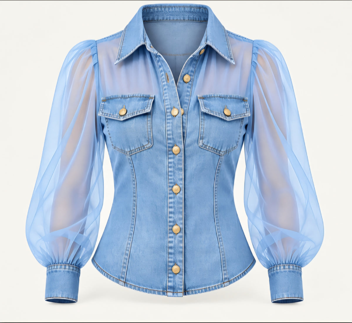Denim Luxe Sheer-Sleeve Blouse