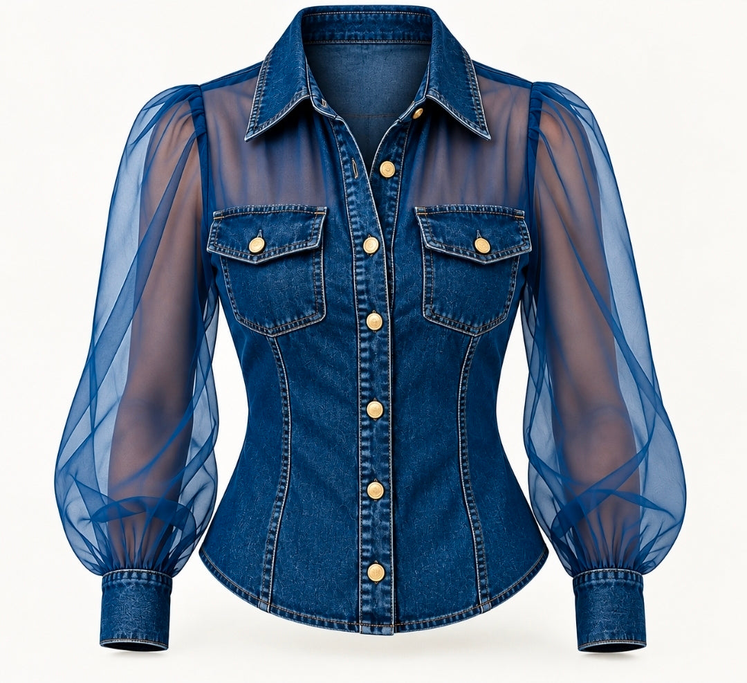 Denim Luxe Sheer-Sleeve Blouse